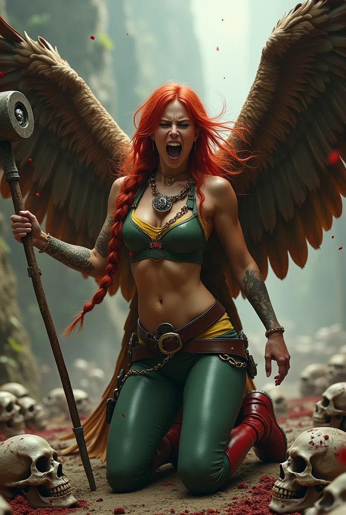 (((In extreme close-up a beautiful red-haired woman kneeling screaming wearing a green leather top with yellow in the middle and (((Cali green leggings with red shorts or thong over the leggings))) red boots on a sheepdog Mace in a metal ball placed on the end of a cane or metal handle with rounded protuberances without spikes huge brown falcon wings that cover her entire body brown harness on her chest tattoos on one of her arms a long braid shaking in the wind on her knees screaming exhausted after an extensive battle skulls and blood cursed cemetery))),(((Thanagarian black falcon head logo on a round red charm or badge with silver trim on its chest held by a wide, thick brown X-shaped harness over its chest