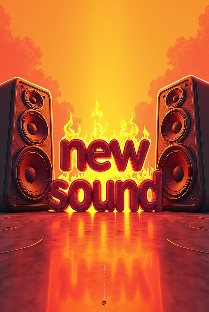 It should have new sound written on it, it should be a digital drawing and the background should be light orange and with speakers on all sides and flames of fire