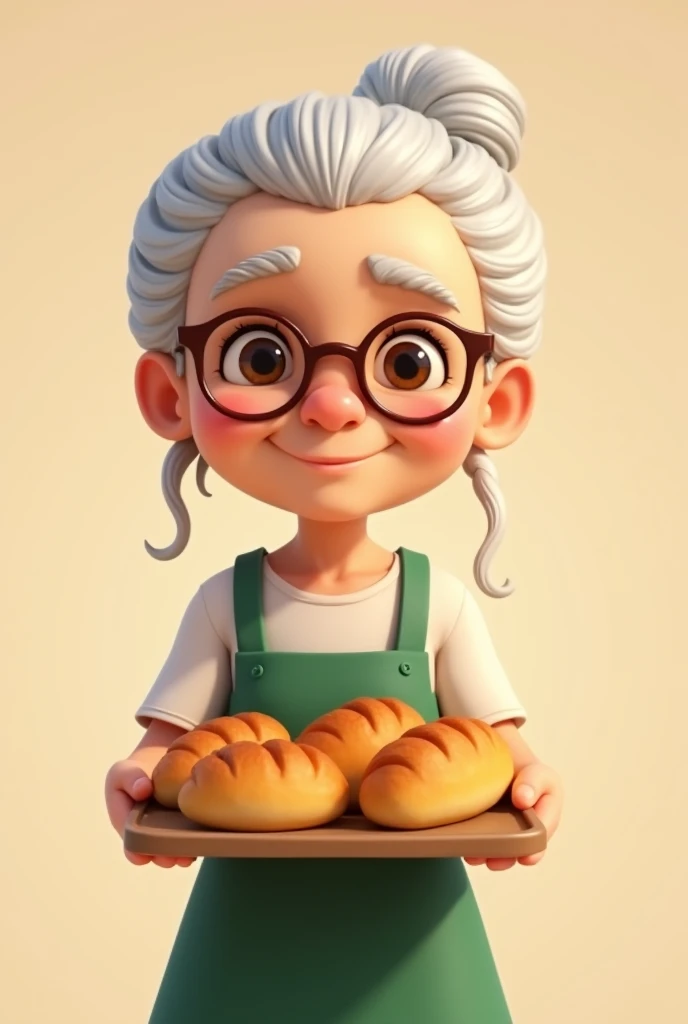 beautiful grandmother, white hair tied in a bun, baker, bread tray in hands green apron, Caucasian, a eyes, animated, 2D sin fondo, vendiendo el pan
Medio cuerpo con lentes