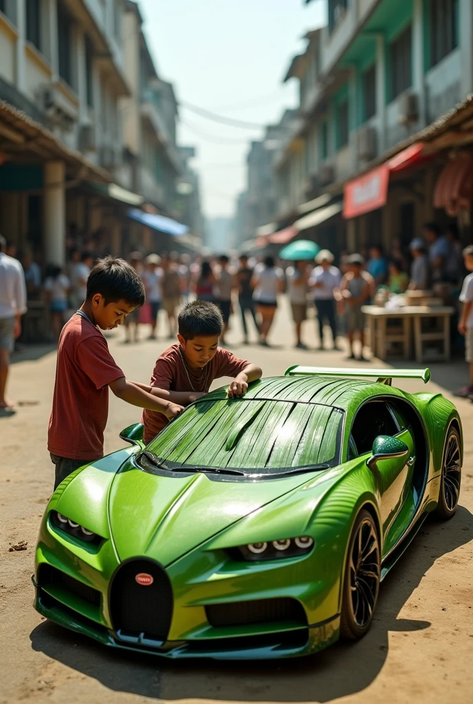 Two impoverished Cambodian boys are building a Bugatti Chiron out of green palm leaves on a city street. The background shows Phnom Penh in the year 2000, with many people standing around and traffic on the street ( (8k:1.27), top quality, masterpiece, super high resolution:1.2) Photo of a cute Japanese woman (beautiful:1.1)