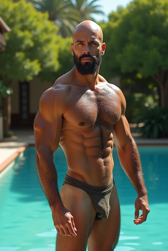 Naked hairy bald 3 fit man standing by a pool