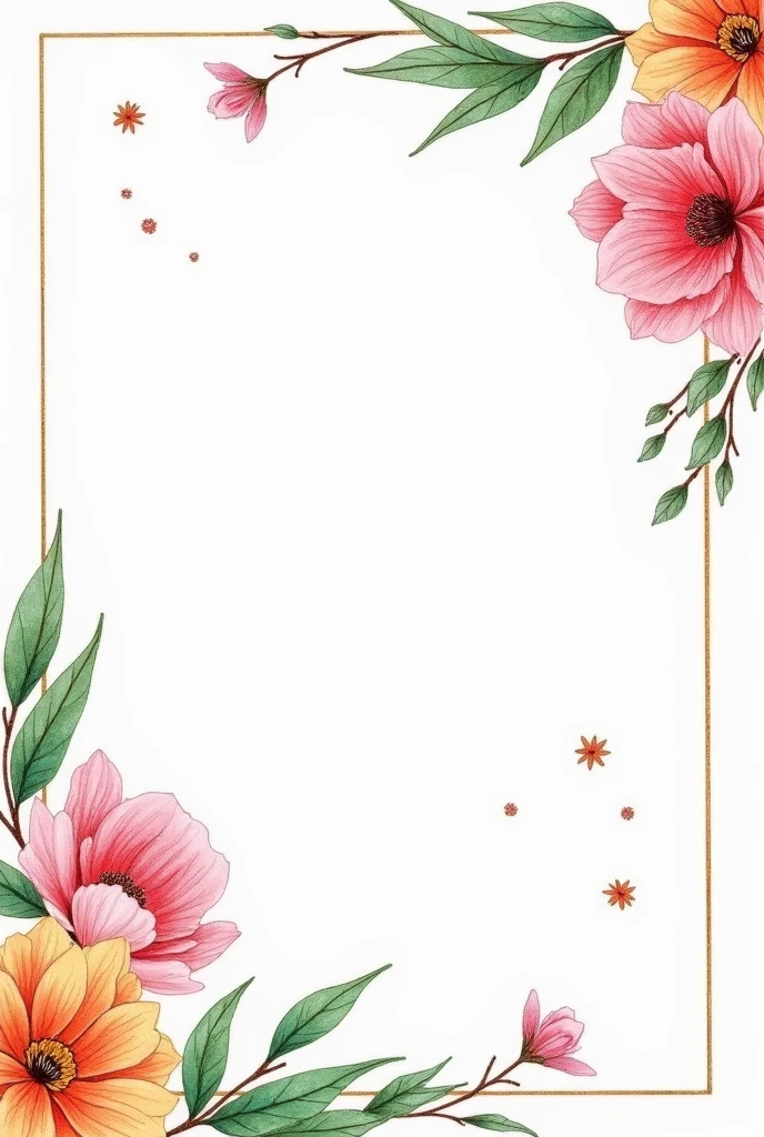 image white background with floral borders with green leaves in colored pencil drawing style.