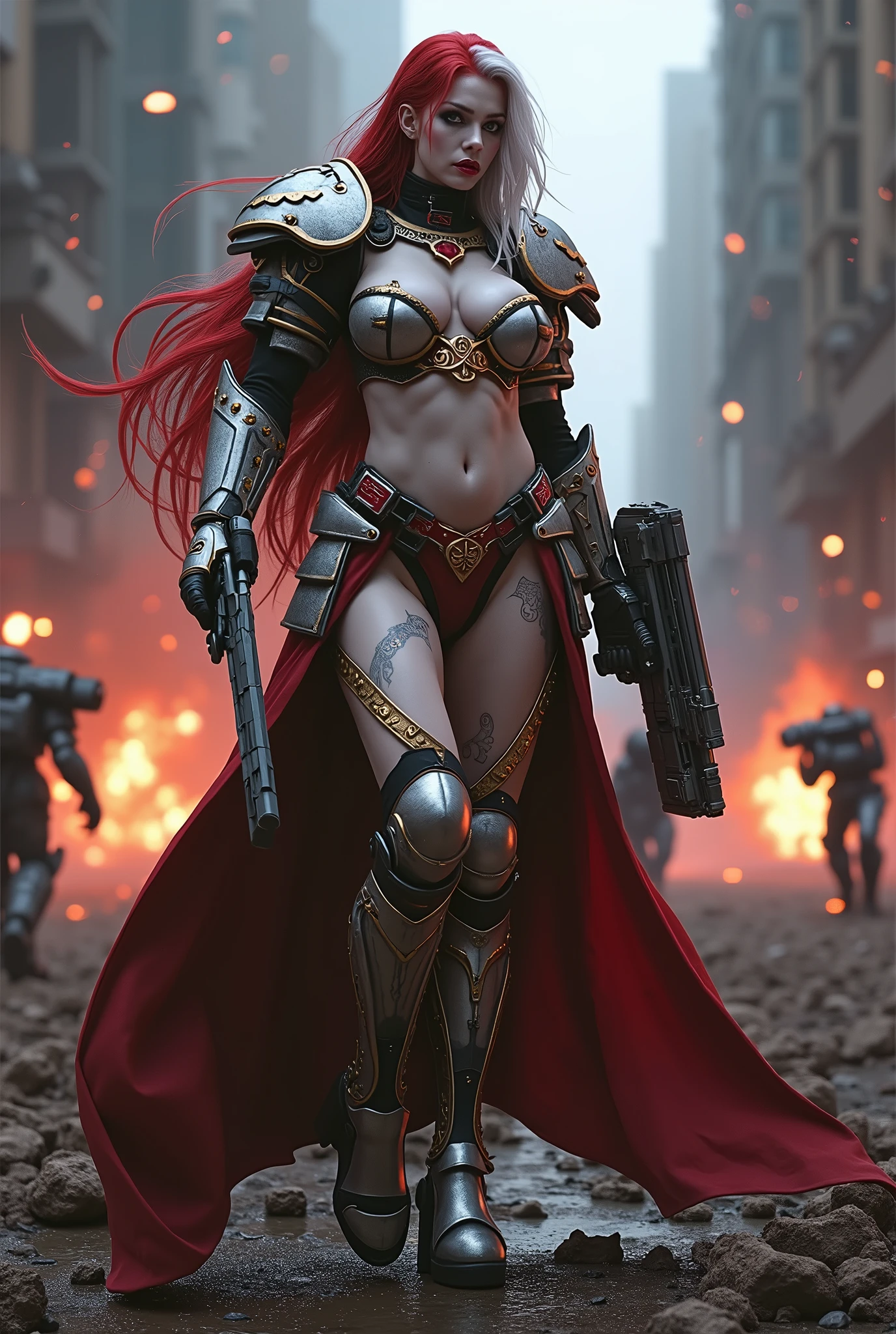 Full body pose sexy sisters of battle from the warhammer 40k, shooting at the enemy, red space marine armor with intricate details, white space marine armor with intricate details, symbols on the armor, sisters of battle, warhammer 40k, Massive exposed silicone breast, pale skin, seductive, temptation, eat your soul, clevage, long red flowing hair, long white flowing hair, long black flowing hair with purple highlights, heavy gothic makeup, at night, neon, beautiful detailed eyes, beautiful detailed lips, extremely detailed eyes and face, long eyelashes, highly detailed armor, intricate futuristic weaponry, dramatic lighting, cinematic composition, muted color palette, gritty and realistic, mecha, science fiction, hyper-detailed, photorealistic, award winning digital art, 8k, HDR, masters work, in the middle of a battle field, full body combat action pose, explosions and fire around, full war, stunning, Stilleto heels, high heels, full body pose, cinematic, movie trailer, final stand!, nemesis, ready to strike, dust and debree, combat screams, attacking, shooting at the enemy, running forward, last line of defense, charging, fanatic, religious, templar knights, sisters of battle, warhammer 40k, shooting at the enemy, bimbo gigantic exposed breast, jetpacks, space marine