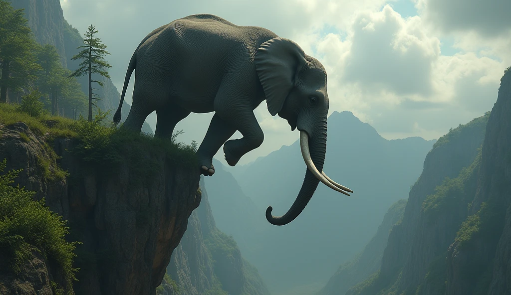 a majestic elephant falling off a high cliff, dramatic motion blur, stunning realistic lighting, detailed texture of elephant skin, vibrant colors, cinematic composition, wide angle perspective, dramatic cloud formations, moody sky, lush green vegetation, photorealistic, intricate details, dramatic lighting, epic scale, (best quality,4k,8k,highres,masterpiece:1.2),ultra-detailed,(realistic,photorealistic,photo-realistic:1.37)