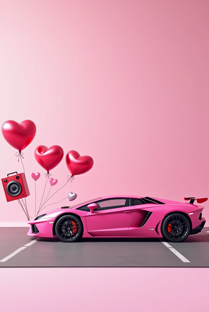 Pink Car with sound box outside and heart ballons hanging crashes behind a regular car while parking, profil view of cars, 8K, High Quality, Photorealistic, Clean Background