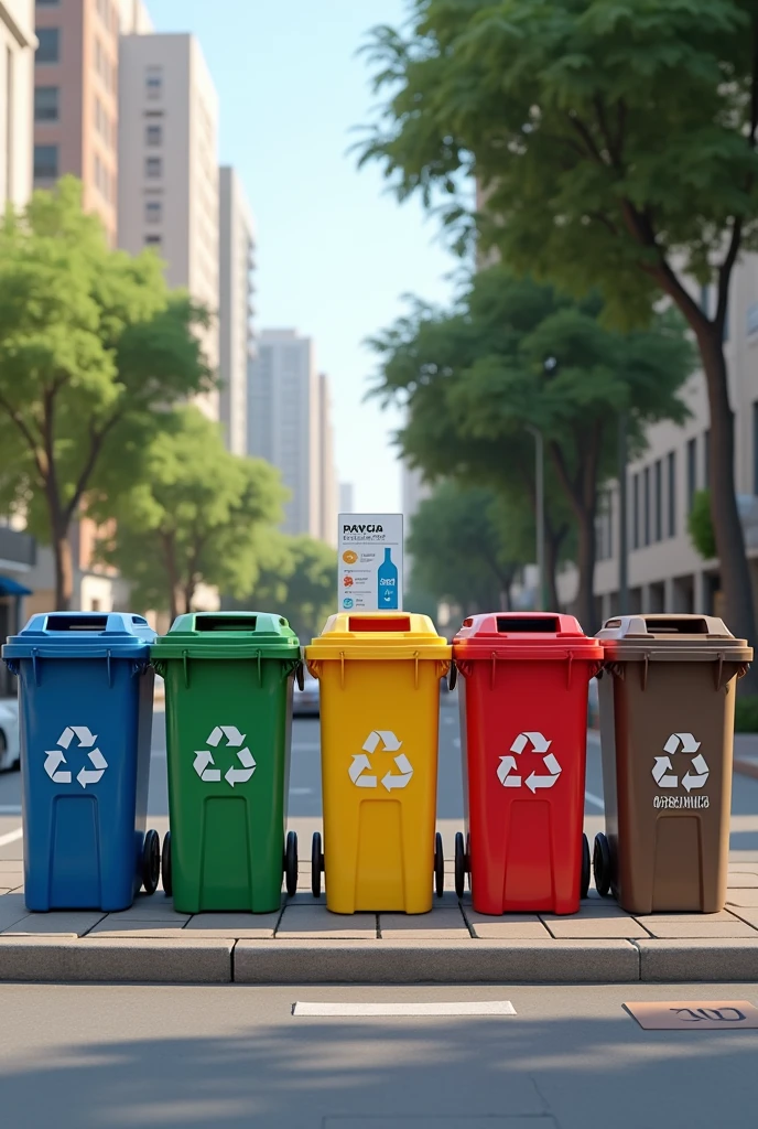 generate an image of 5 recycling bins lined up on a sidewalk in a city in brazil with a small panel behind marking recycling score