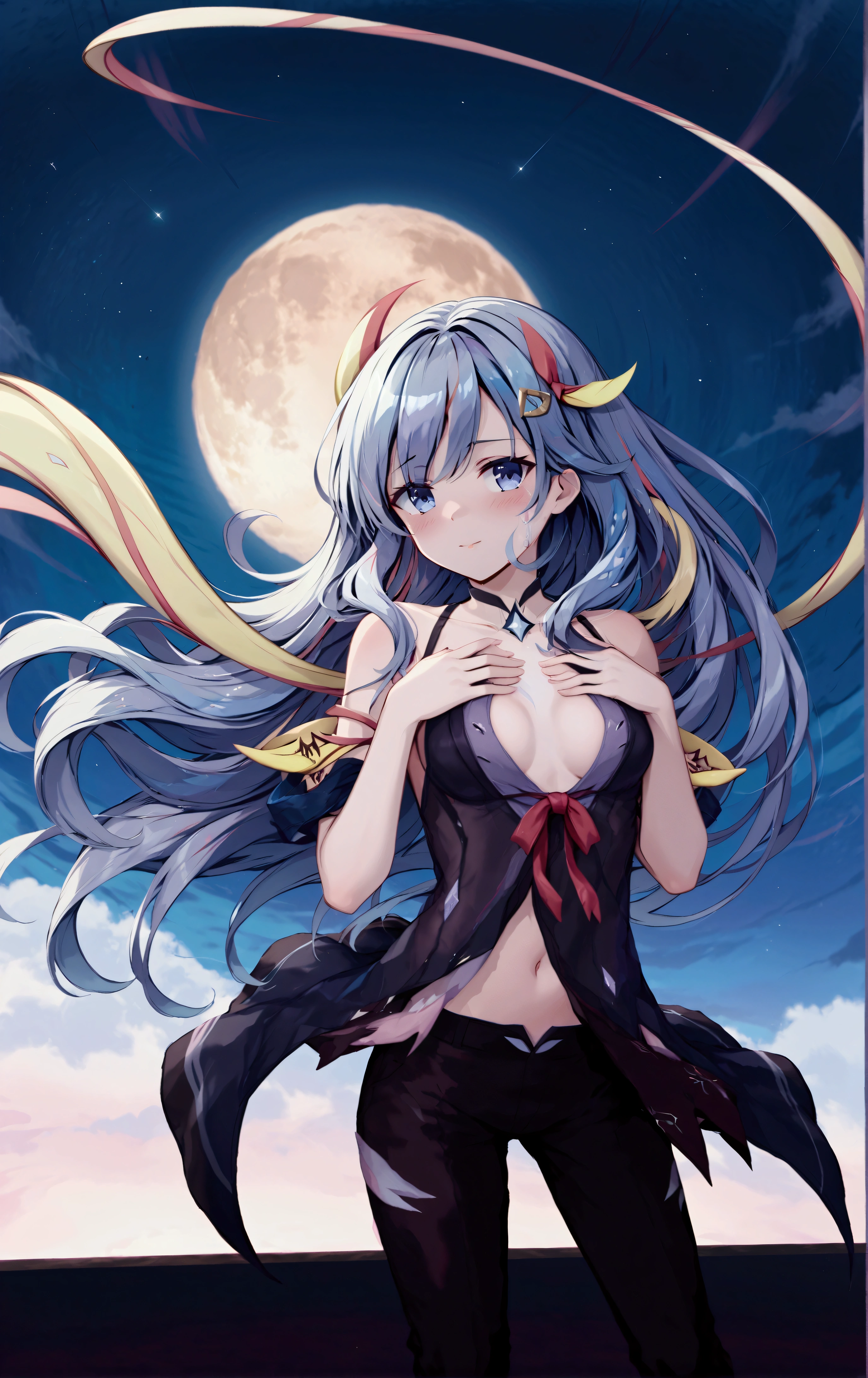 Human girl, Clothed, large red bow in middle of hair, silver sparkling hair, yearning expression on face, hands on chest, blushing, hair flowing in the wind, moon light shining in distance, Sky full of detailed stars and some shooting stars, a nebula is visible.