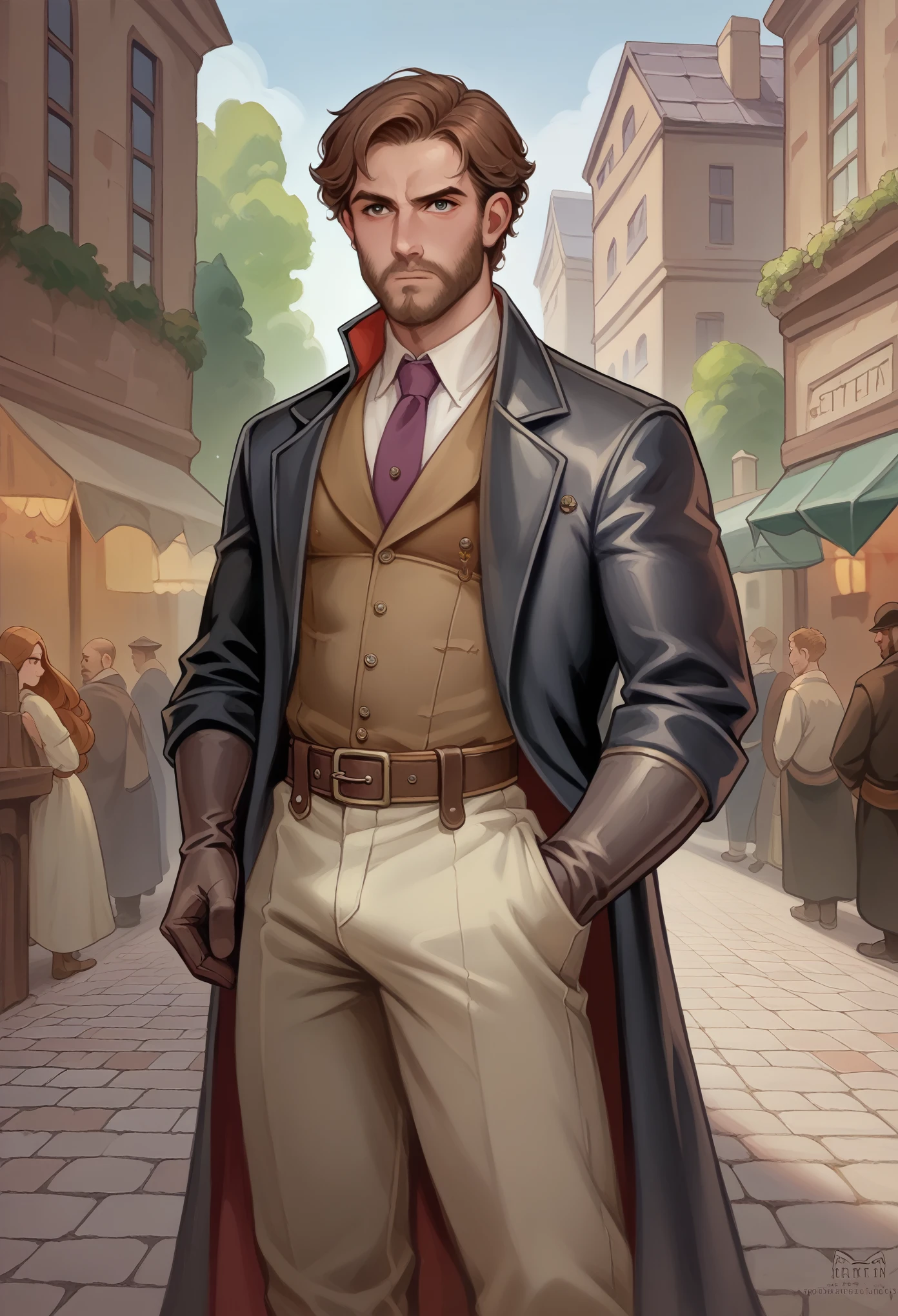 "Create an image of a male character standing and looking directly at the camera. He has a well-groomed brown beard and medium-length brown hair. His attire is a fusion of medieval and futuristic styles: a long, dark coat with intricate embroidery, a high-collared shirt with metallic accents, and leather gloves. His eyes are intense, reflecting his serious and determined nature as a detective. The setting is a dimly lit alleyway with cobblestone streets, where the atmosphere blends gothic elements with subtle hints of advanced technology, like a faint glow from a device on his belt."
