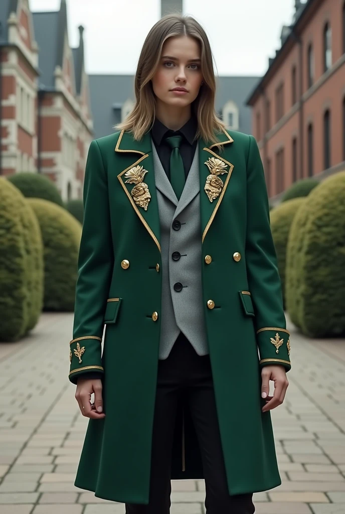 creates a high school promotion coat called Invictus with the colors green, gray, black and white white