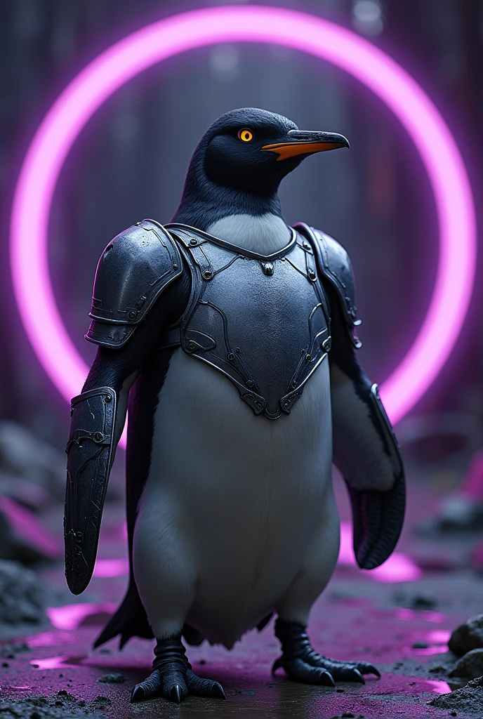 penguin in armor framed with killer fighter look with round illuminated frame in bright purple with dark background