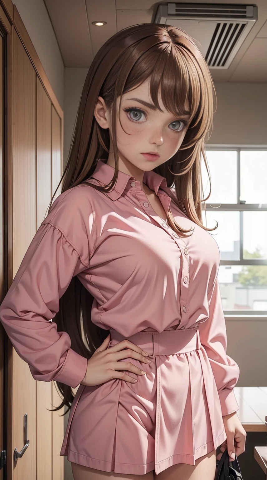 (masterpiece、highest quality)、(Photo realistic:1.4)、 Mature Woman, Beautiful thighs、Front view、1 girl、30 years old、Perfect Face、Symmetrical cute face、Pink nurse uniform、(Random hairstyle、blonde)、Big eyes、Long eyelashes、((tall))、Beautiful Hair、Beautiful Face、Fine and beautiful eyes、Perfect proportions、Beautiful breasts、Beautiful legs、Beautiful fingers、((High-quality fabric、Pink nurse uniform、Skirt flip))、(In the hospital)、Are standing、 (smile), (((Skirt lift with both hands、panties are visible)))