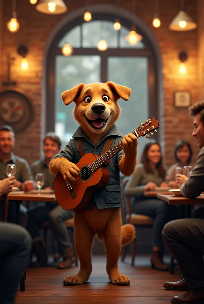 Create a dog playing guitar in a restaurant for a very attentive audience