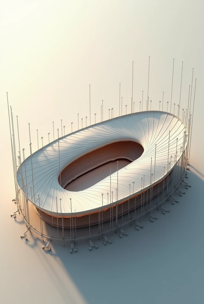 Visualize a stadium with a unique design that simulates the elegance of a monarch butterfly, but with only one wing spread out to one side, extending to form a huge grandstand. The structure suggests a butterfly lying down, with fluid and curved lines that evoke its shape, while the other wing appears to be at rest or hidden behind the stadium. Antennas become lighting towers, and the architectural design maintains a sophisticated palette of neutral and metallic tones, bringing a modern and elegant touch. Wider, broader and more creative, most original and impressive most widespread