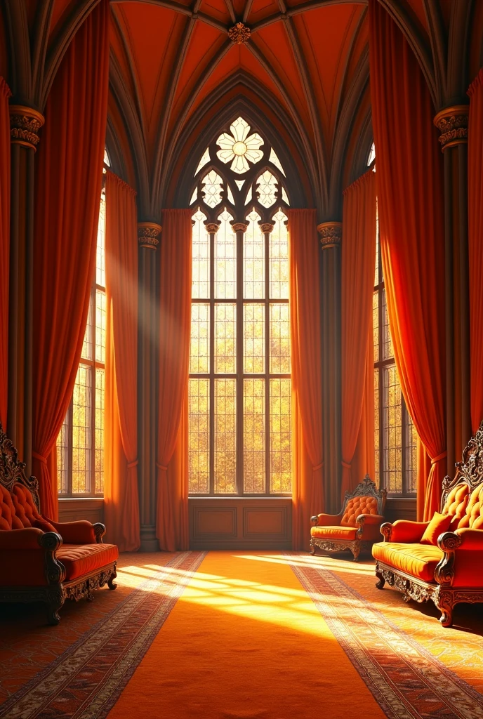Can you create a huge royal hall??, very wide, with gothic style windows with orange curtains, with completely orange walls, French medieval style furniture, orange carpeted floor, orange carpets, completely orange upholstery, very intense, through the opaque orange stained glass windows