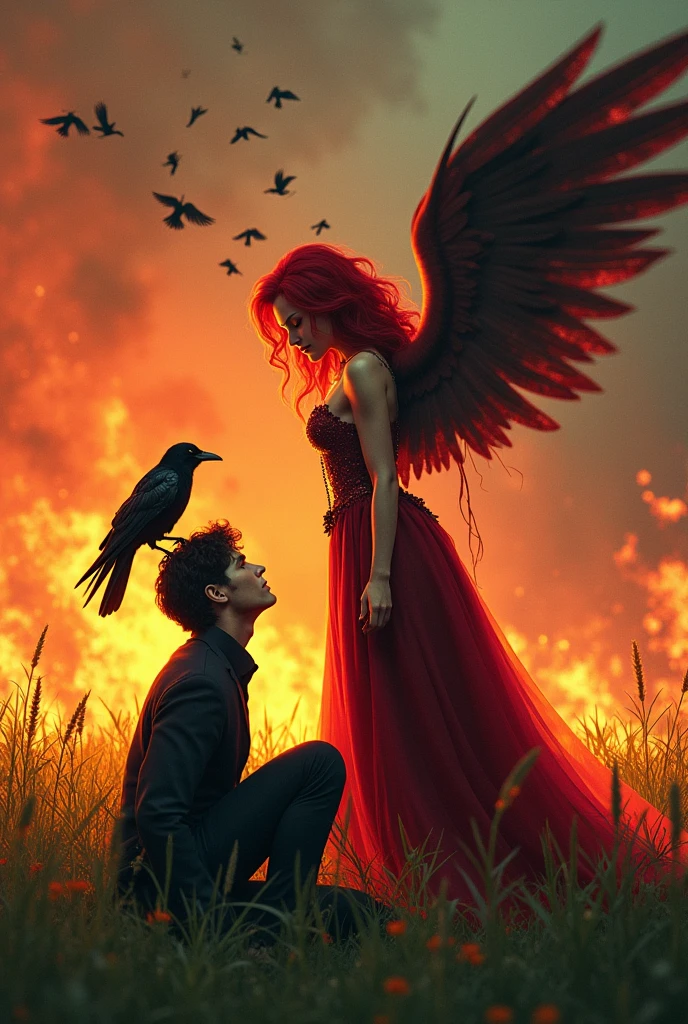 The red-haired princess and her mask on her face in an environment with red flames, kneeling before him with a sharp sword hidden behind his back, handsome, brunette and straight hair, The red-haired princess is smiling slyly at the prince, who is looking at the princess's angry and sly gaze with pleading eyes..The atmosphere is vivid and realistic, like a forest burning red, The green field burns in red. The prince kneels before the princess. JUST LIKE I TOLD YOU, CREATE THIS AS I TOLD YOU. NO, THE PRINCE KNEELS BEFORE THE PRINCESS..The princess looks taller than the prince, but the prince has fallen to the ground. The princess looks at him as if she is pleading. The princess grins slightly and looks into the prince's eyes..Prince, He kneels before his lady.Let it be realistic, Don't be an anime.LET IT BE REALISTIC AND THE PRINCESS SHOULD NOT LAUGH BUT GRIN.Just like that.Ama Princees'in kırmızı renkte kanatları olsun kanatlarından biri kopmuştur ve kan damlıyordur.Etrafta bir sürü karga uçuşsun ve kargalardan biri de Prince'in omzuna konsun