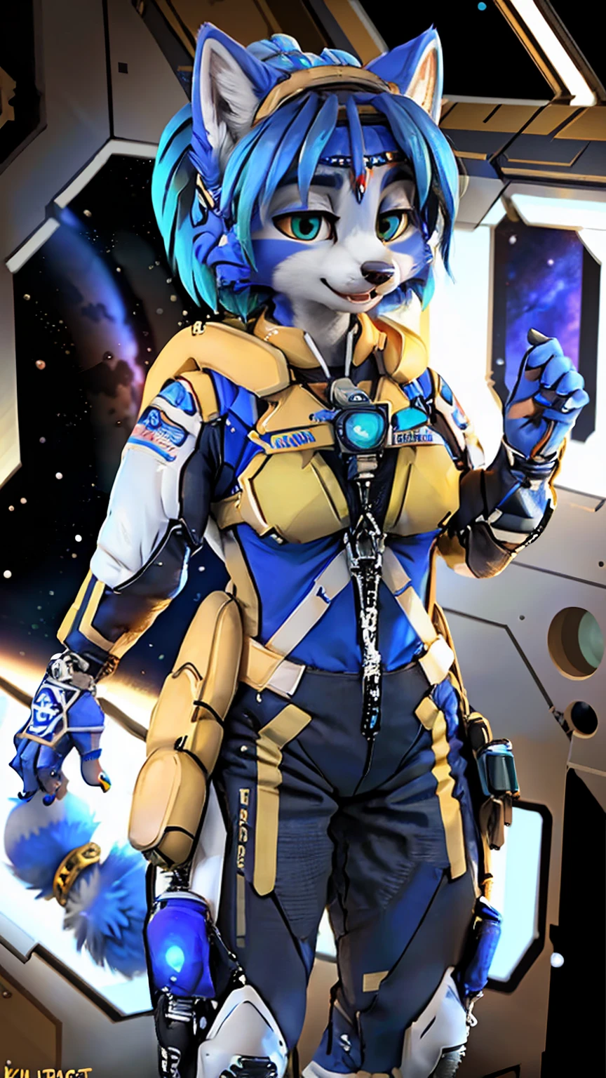 a picture of ((krystal)), Star Fox krystal, sslim, lovable, green eyes, medium breasts, (((Long blue hair 1.3))), Decollete, anthro, furry, Uploaded E621, detailed fluffys fell, (von Fluff-Kevlar, Bayard Wu, Pino Daeni), detailed face, (fluffy), 1 girl, alone, sweet girl, (((hole body))), (((trägt einen gepanzertzen lila spacesuit:1.3))), (((floating in space))), galaxy, spacesuit,