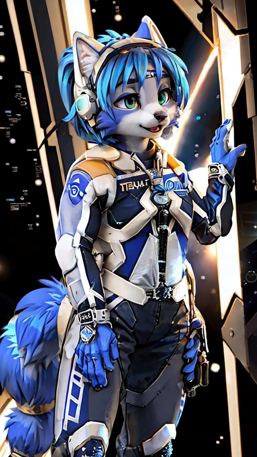 a picture of ((krystal)), Star Fox krystal, sslim, lovable, green eyes, medium breasts, (((Long blue hair 1.3))), Decollete, anthro, furry, Uploaded E621, detailed fluffys fell, (von Fluff-Kevlar, Bayard Wu, Pino Daeni), detailed face, (fluffy), 1 girl, alone, sweet girl, (((hole body))), (((trägt einen gepanzertzen lila spacesuit:1.3))), (((floating in space))), galaxy, spacesuit,