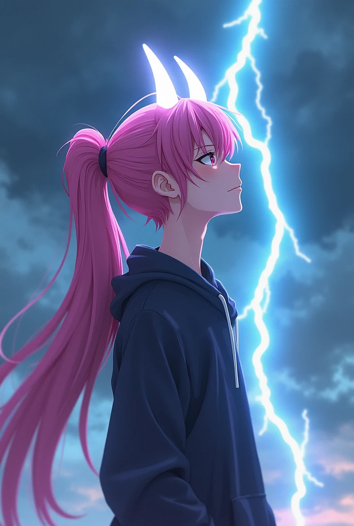 Create a femboy character in men's clothing with long pink hair tied in an anime ponytail with white demon horns on his head while lightning bolts come out of his horns as he looks up at the sky