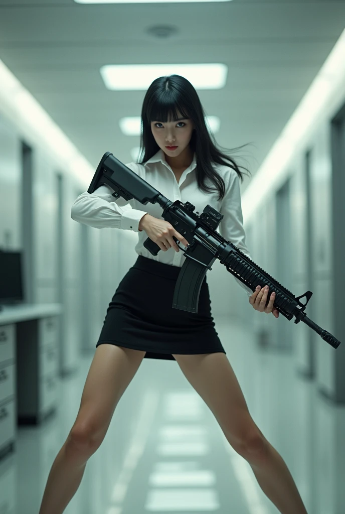 beautiful chinese office lady mini skirt white shirt realistic long machine gun toting real person legs spread apart standing rampage shooting side target facing