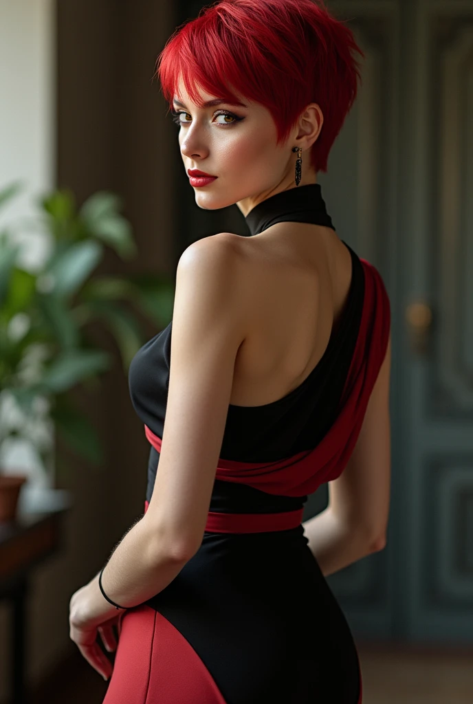 gorgeous woman, red hair, pixie cut, short black and red asymmetric dress
