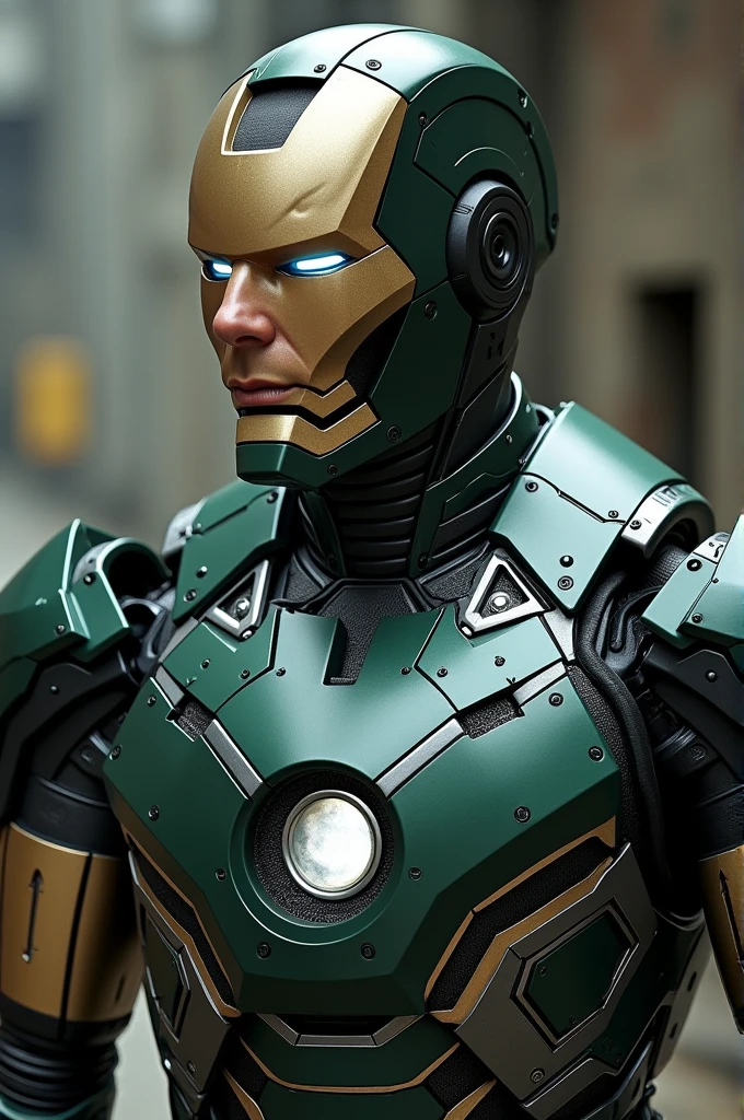 A iron man suit, with a human face, the suit looks dark green and mettalic silver.