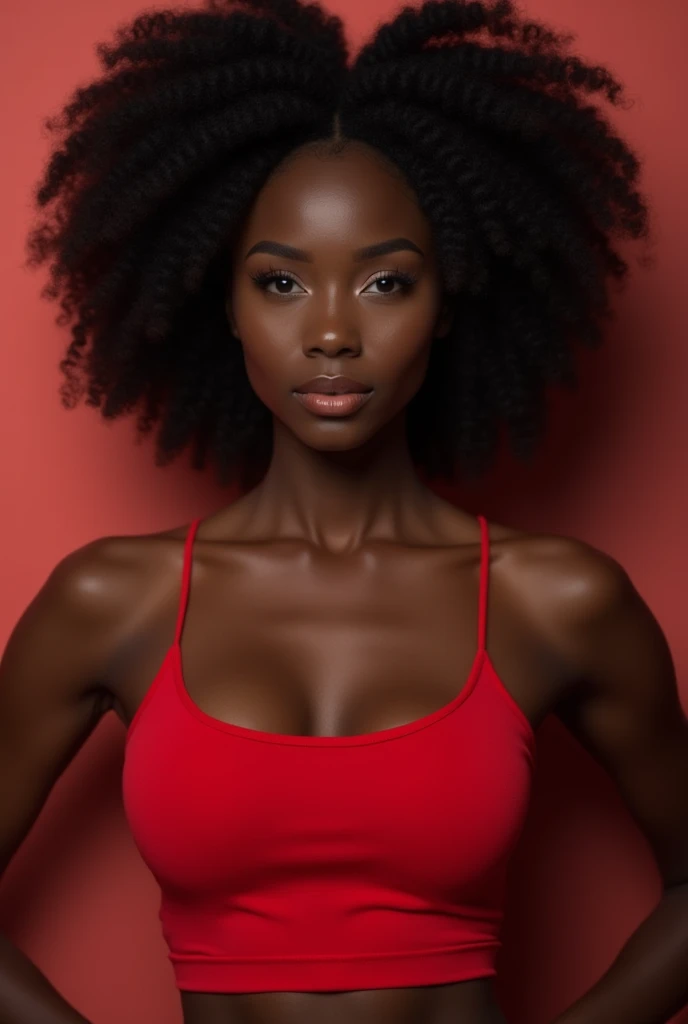 Nubian woman, black skin, ebody skin, dark skin, black afro, red croptop, underboob, hourglass figure