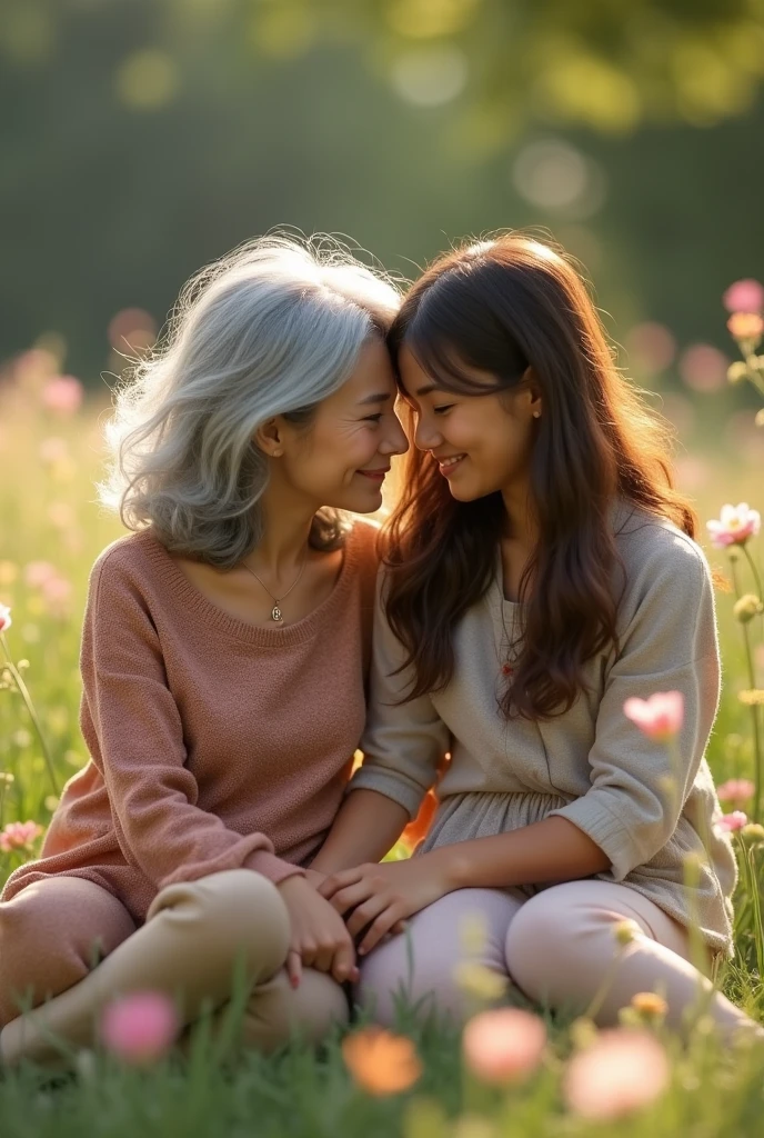 A 3D photo with digital of mother 50 years old with mid long grey hair and daughter 30 years old with long brown hair, sitting on ethereal garden, close each to other