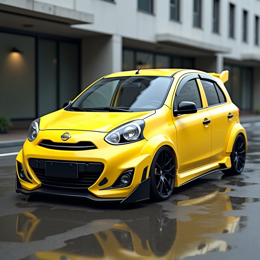 Create an illustration of a modified 2015 Nissan March (known as the Nissan Micra in some markets) with a striking yellow paint job. The car should be visually dynamic and showcase several sporty modifications. The Nissan March should be painted in a vivid, high-gloss yellow, making it stand out prominently. The car should be equipped with large, black alloy wheels that enhance its sporty and aggressive appearance. Ensure that the wheels are well-defined and visually striking. Incorporate custom modifications such as a modified front bumper, sleek side skirts, and a rear spoiler to give the car a sportier, more aerodynamic look. The modifications should complement the car’s compact design while emphasizing its enhanced performance and style. Position the Nissan March in an urban or street environment to highlight its modifications. A modern city street or a stylish parking area would be ideal settings. Ensure the background is clean and supports the focus on the vehicle. Include details such as custom decals or trim that reflect the car’s unique modifications. The lighting should be adjusted to emphasize the bright yellow paint and the contrasting black wheels, creating a vivid and eye-catching effect. Add realistic touches such as reflections of the car’s yellow paint on nearby surfaces and consider a slightly wet pavement or glossy surfaces to enhance the overall visual impact.