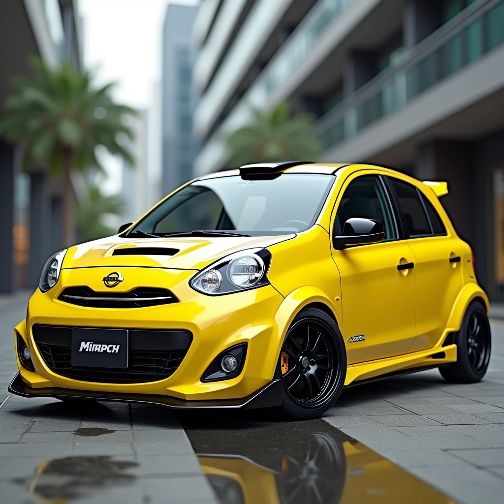 Create an illustration of a modified 2015 Nissan March (known as the Nissan Micra in some markets) with a striking yellow paint job. The car should be visually dynamic and showcase several sporty modifications. The Nissan March should be painted in a vivid, high-gloss yellow, making it stand out prominently. The car should be equipped with large, black alloy wheels that enhance its sporty and aggressive appearance. Ensure that the wheels are well-defined and visually striking. Incorporate custom modifications such as a modified front bumper, sleek side skirts, and a rear spoiler to give the car a sportier, more aerodynamic look. The modifications should complement the car’s compact design while emphasizing its enhanced performance and style. Position the Nissan March in an urban or street environment to highlight its modifications. A modern city street or a stylish parking area would be ideal settings. Ensure the background is clean and supports the focus on the vehicle. Include details such as custom decals or trim that reflect the car’s unique modifications. The lighting should be adjusted to emphasize the bright yellow paint and the contrasting black wheels, creating a vivid and eye-catching effect. Add realistic touches such as reflections of the car’s yellow paint on nearby surfaces and consider a slightly wet pavement or glossy surfaces to enhance the overall visual impact.