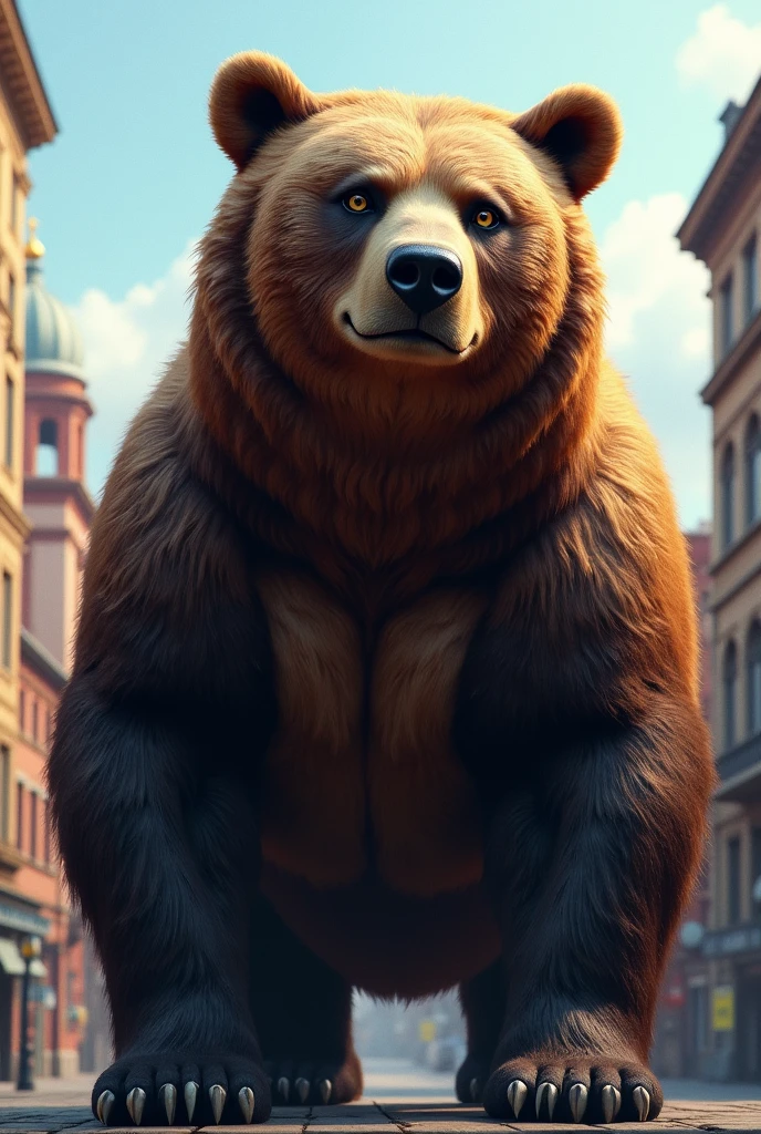 huge bear,  chubby，shirtless， alone， detailed， high resolution，， Masterpiece，Obesity in the extremities.，Over weight，Peter Junior，people,  traveling through the town,  Boy hero of the people