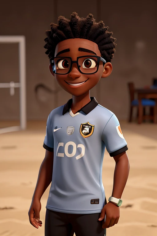 black soccer player wearing glasses brown eyes dazzling smile