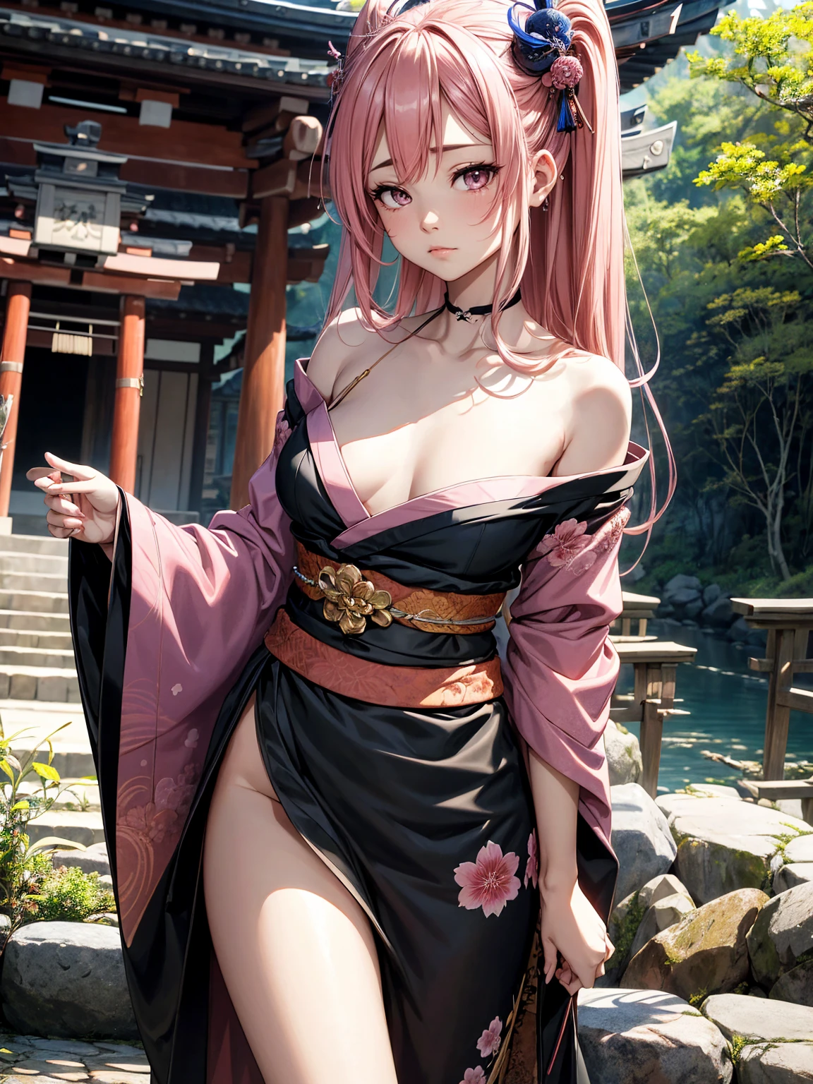 Japanesse beautifull girl, pink & brown hairadd high definition_detail:1, tribal tattoo add_detail:1, in hell add_detail, barefoot, blue saturation light, ( beatifull black and sensual kimono), japanesse shrine landscape 