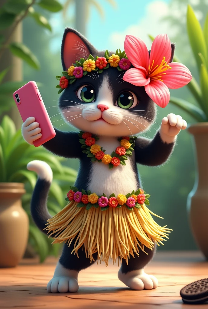 Chat tigré blanc et noir kawaii en danseuse tahitienne avec une fleur tahitienne rose au niveau de l'oreille Avec un oreo dans une main et un téléphone rose dans l'autre qui fait de la danse tahitienne