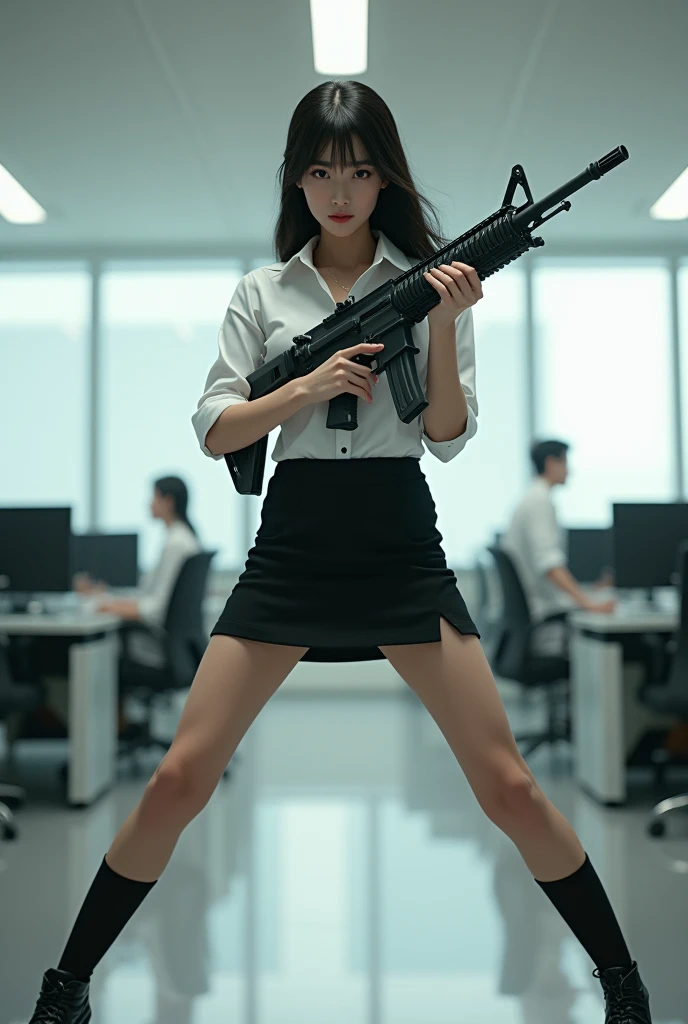beautiful chinese office lady mini skirt white shirt realistic long machine gun toting real person legs spread apart standing rampage shooting side target facing 


