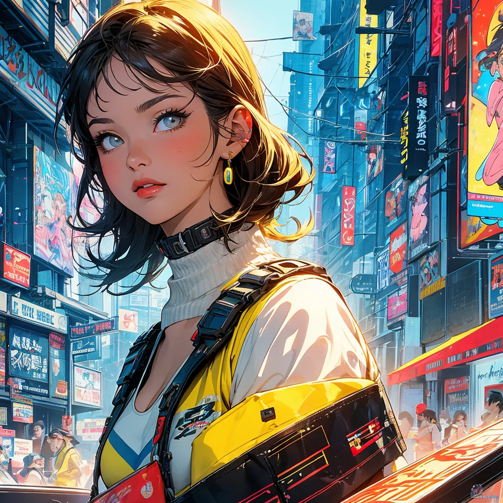 (masterpiece, highest quality), 32K,(highly detailed beautiful woman), poster,SF,1960s,1970s,bauhaus, shape, abstract,movie poster, vintage,retro,futuristic anime,ultimate map,highlight,highly detailed glowing eyes,cleavage,complicated pattern,Stylish hairstyle,fluorescence((yellow clothes)),Starry Sky,Cyberpunk street fashion,