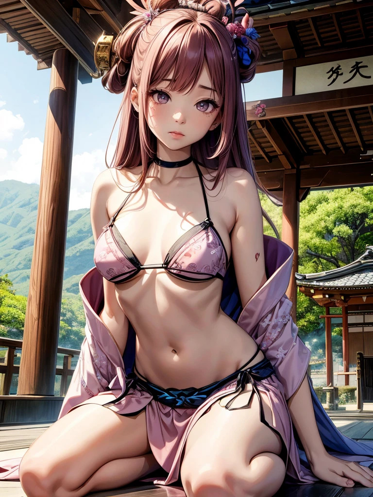 Japanesse beautifull girl, pink & brown hairadd high definition_detail:1, tribal tattoo add_detail:1, in hell add_detail, barefoot, blue saturation light, ( navel kimono , kimono   mini skirt)), japanesse shrine landscape 