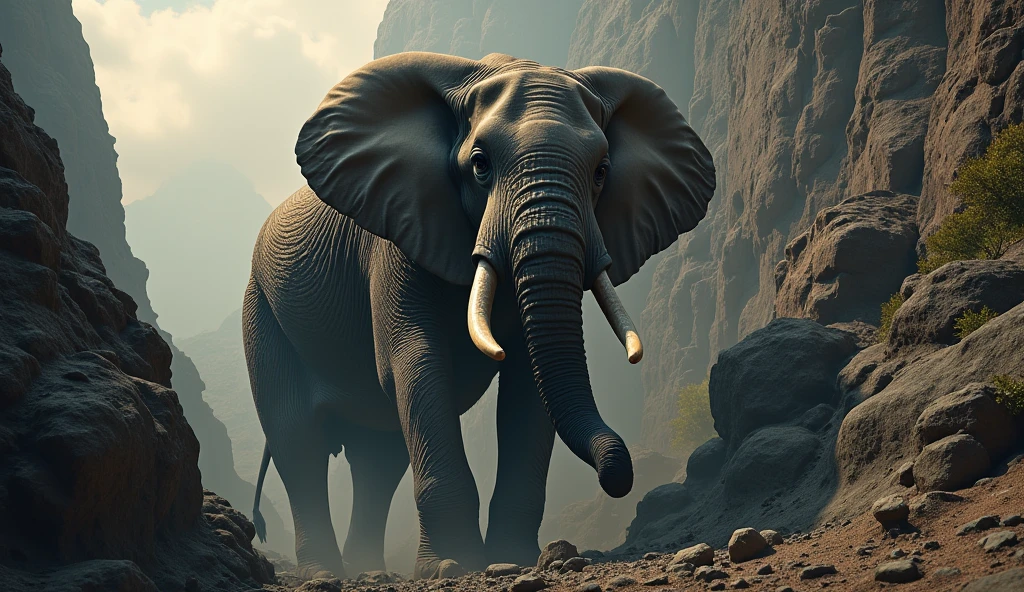 A large African elephant, detailed trunk, beautiful detailed eyes, detailed skin texture, falling off a rocky cliff, dramatic action pose, majestic animal, photorealistic, cinematic lighting, vibrant colors, epic landscape, wide angle, 8k, best quality, hyper detailed, dramatic lighting, moody atmosphere