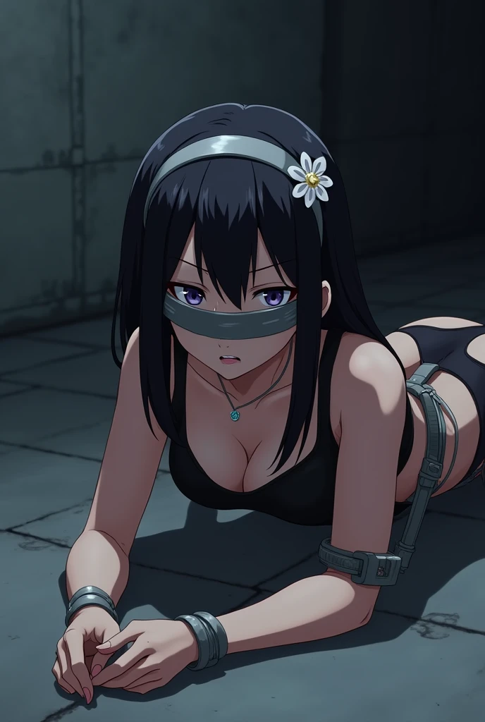 Yor Forger (SPY x FAMILY), bondage, black costume, best quality, ultra-detailed, high resolution, extremely detailed cg, unity 8k wallpaper, masterpiece, perfect body, anime picture, femsub, BDSM, arms behind back, lying, bound, dark room, sigh, Tape Gag, Tape Bondage, hair flower, gold hairband, black hair, small breasts, looking afar, on stomach, close up, angry, HOGTIE, light violet panty, black bra, THIGHHIGHS, tape gag, tape bondage, barefoot, concrete wall, concrete floor, tape blindfold, gray blindfold, blindfolded,