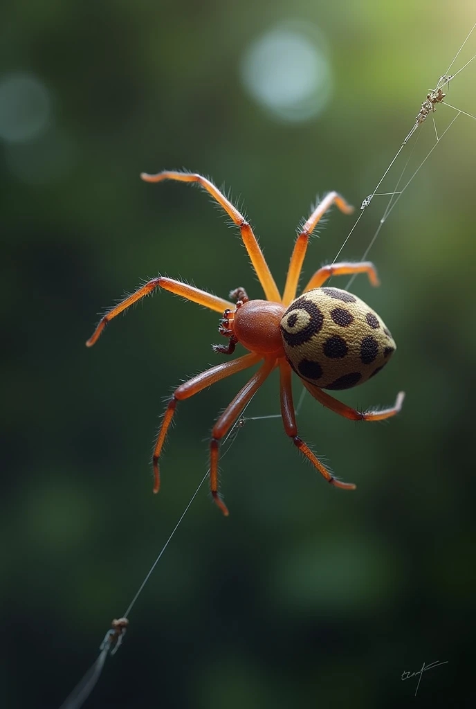 Image of a spider starting to pull the first thread from its body, connect the dots at the selected location, like from one branch to another, or between two angles. This first thread looks straight and taut..