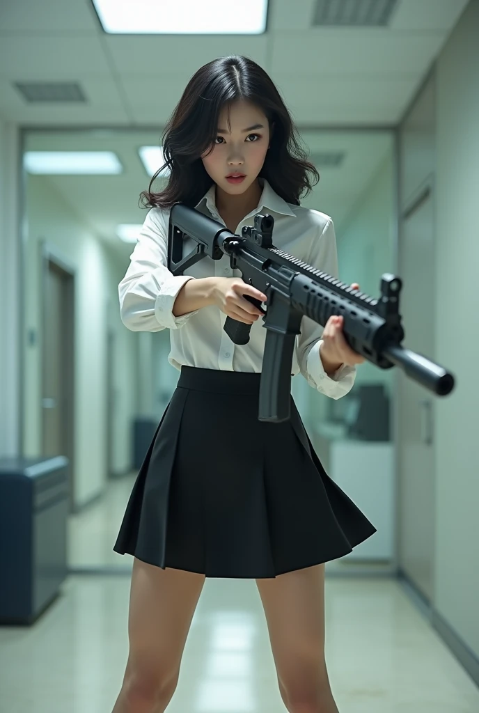 beautiful chinese office lady mini skirt white shirt realistic long machine gun toting real person legs spread apart standing rampage shooting side target facing 


