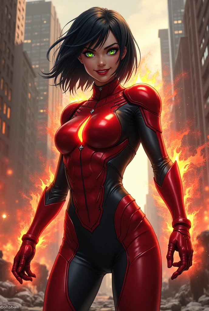 Anime style. Black haired with a layered bob, green eyed supervillain wearing a red and black skintight power armor and wielding immense energy powers, standing triumphant in the still burning ruins of New York. An evil smirk crosses her thin glossy red lips. People in the background are dying.