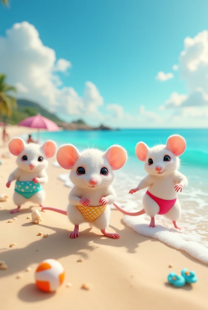 White mice in a humanized body with bikini at the beach
