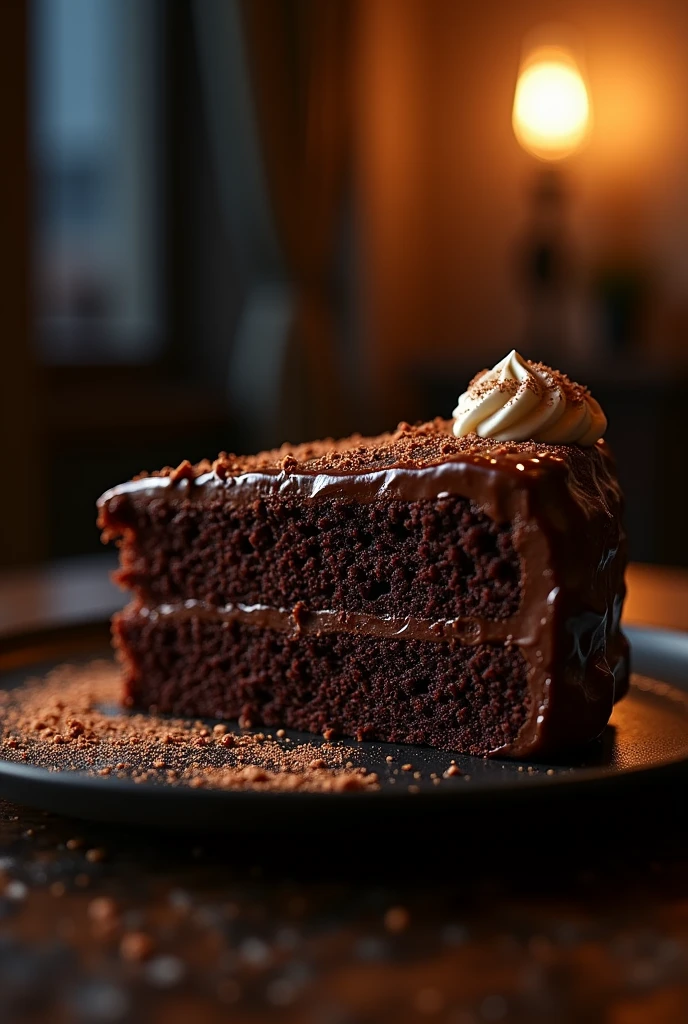 Chocolate cinematic movie scene, bolo de chocolate, darkness background, quality photo, Wet texture, penthouse, studio photo, slice. shallow depth of field, vignettes, highly detailed, high budget, bokeh, cinemascope, temperamental, epic, comely, film grain, grainy.