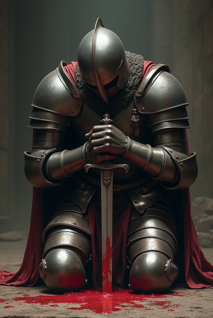 A medieval warrior bent over on his knees with his forehead resting on his sword, with the helmet on his head and his armor shining and dripping with blood . Add the following sentence to the bottom of the image: "Don't ask me if I'm capable... just give me the mission!"
