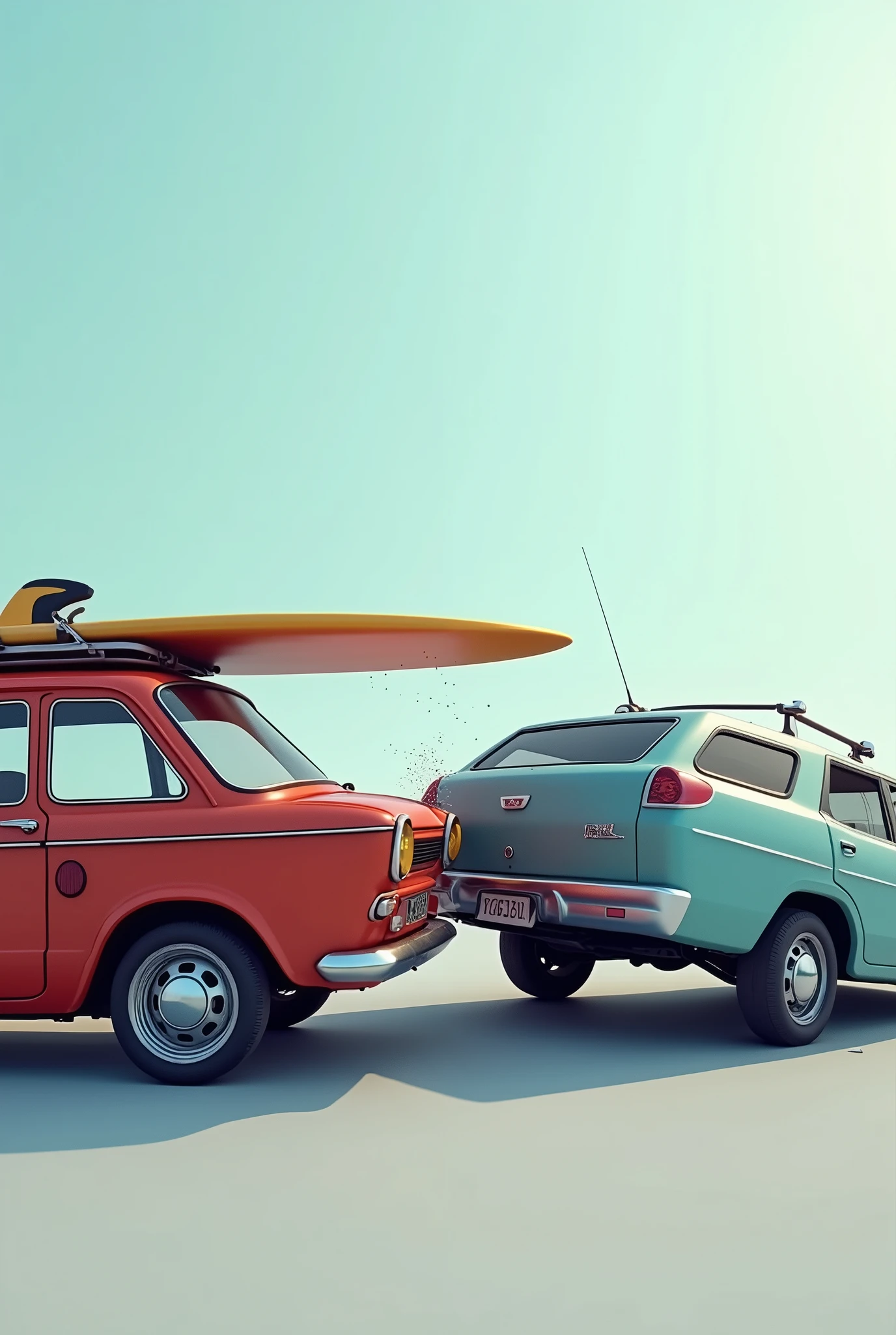 Car with a surfboard on the roof crashes behind a regular car while parking, profil view of cars, 8K, High Quality, Photorealistic, Clean Background
