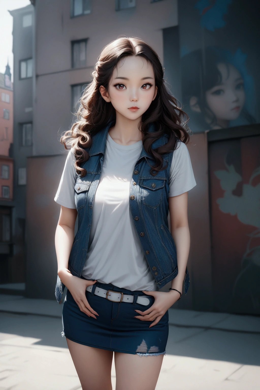 realistic anime illustration of pretty Vietnamese young woman is posing for shooting a photo, Gdansk background, she has black long curly hair (+forehead), wearing white t-shirt, overlay with denim vest, denim pencil mini skirt with white belt, (1girl, solo,full body), (masterpiece, best quality, japanese anime style),