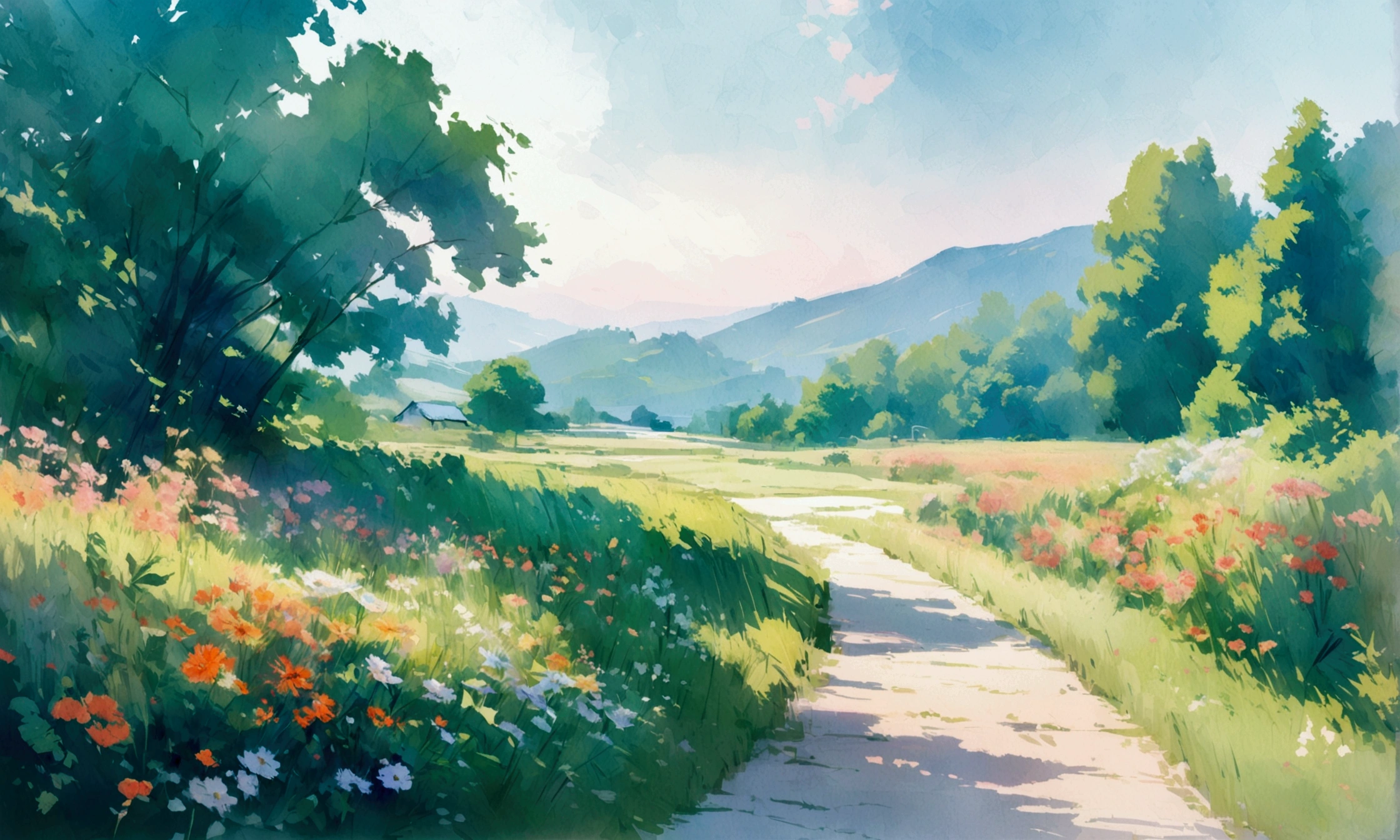 a summer landscape, watercolor sketch, detailed nature scenery, beautiful detailed flowers, lush green foliage, soft pastel colors, natural lighting, impressionist painting style, vibrant colors, highly detailed, masterpiece, 4k, photorealistic