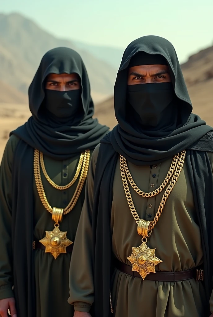 Create an afghanistan group image "Al Qaeda" with 2 people with gold chain,one person with a necklace with the name Trem and the other person with the necklace with the name nock