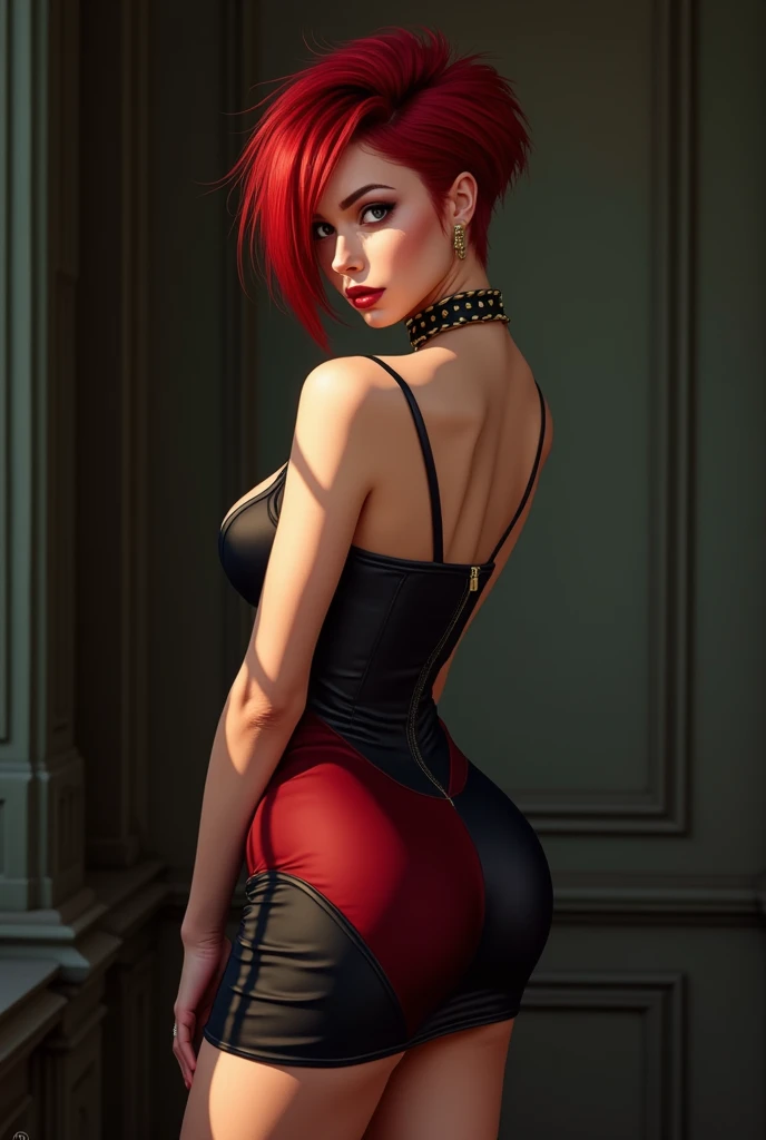 gorgeous woman, red hair, pixie cut, short black and red asymmetric dress