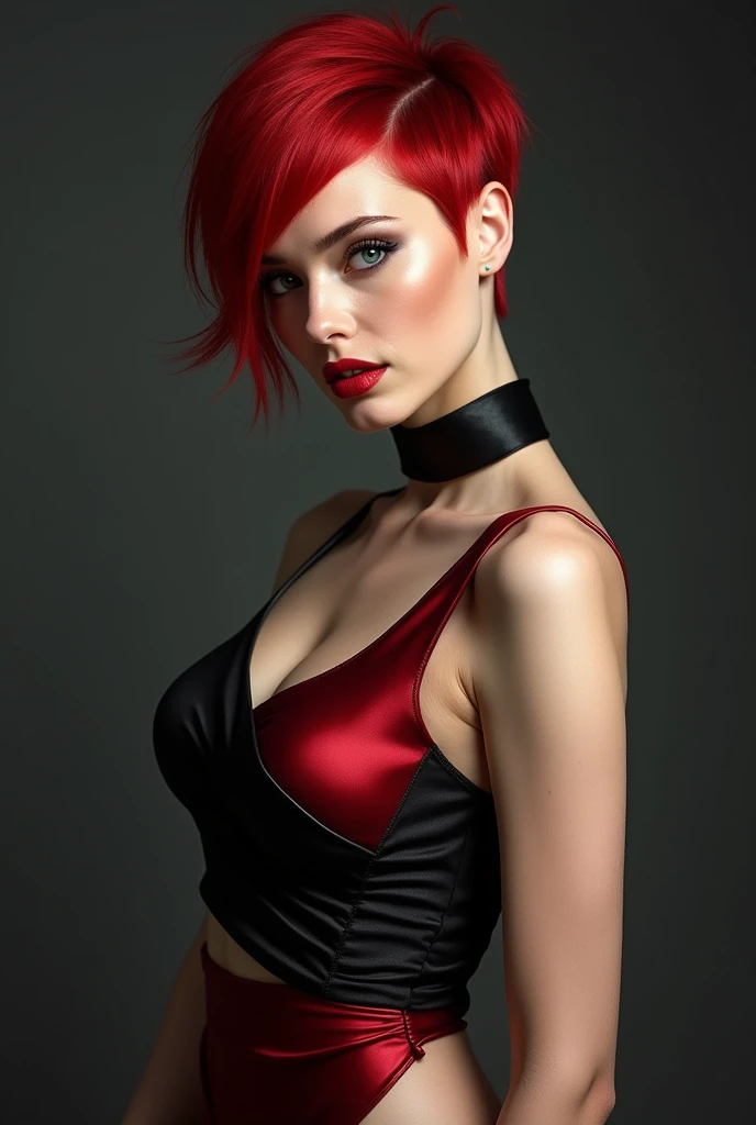 gorgeous woman, red hair, pixie cut, short black and red asymmetric dress